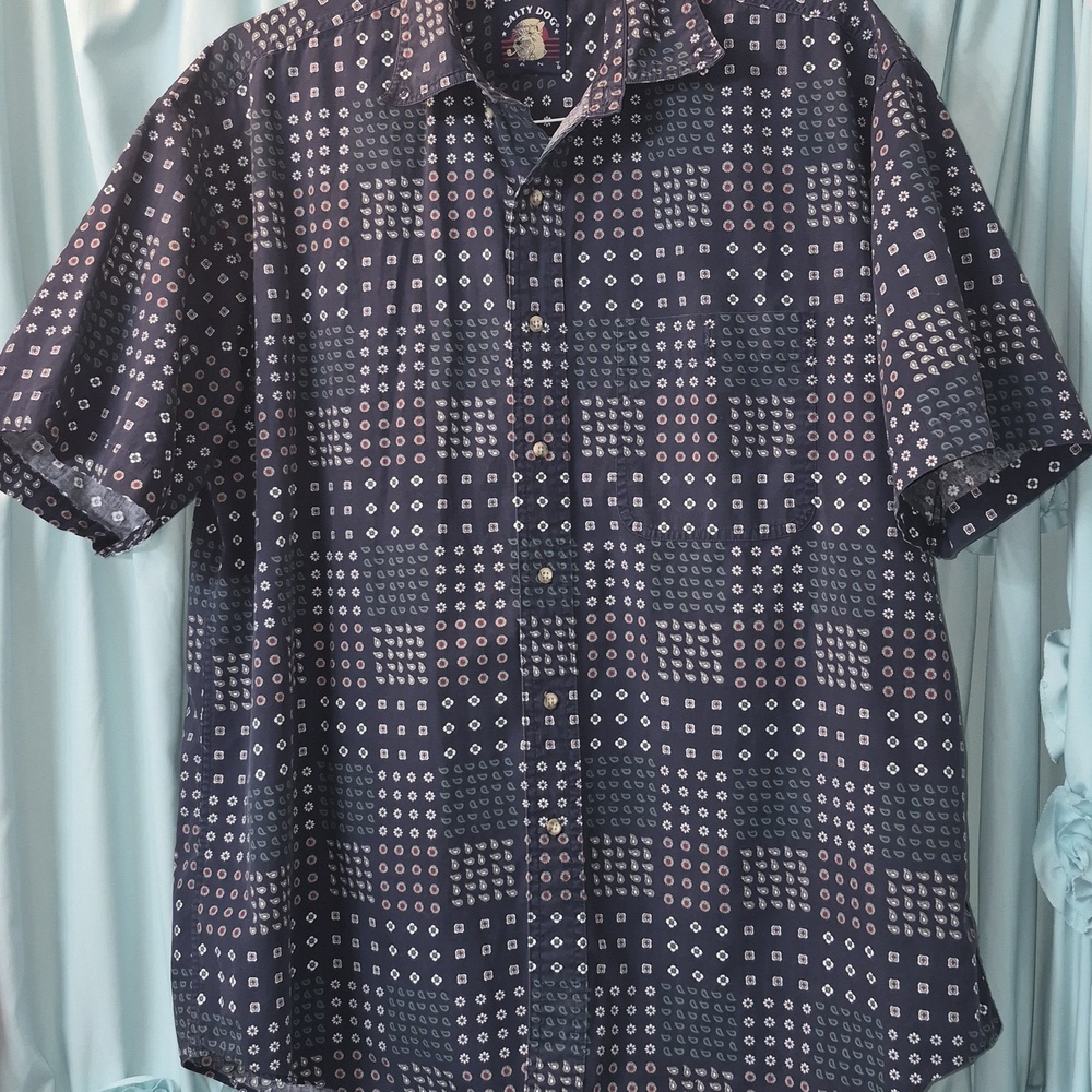 Vintage Salty Dog Imperial Poplin Navy Short-Sleeve Geometric Print Shirt Sz L